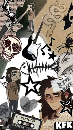 a collage of various stickers with different people and symbols on them, including an electric guitar