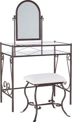 a vanity with a mirror and stool on it's side, against a white background