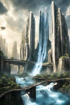 futuristic city with waterfall and bridge in the foreground