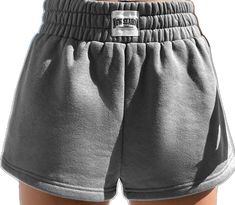 Athleisure Gray Shorts With Elastic Waistband, Gray Elastic Waistband Shorts For Loungewear, Gray Summer Bottoms With Letter Print, Gray High-waisted Shorts With Elastic Waistband, Comfortable Gray Leisure Shorts, Leisure Gray Shorts With Built-in Liner, Gray High-waisted Cotton Shorts, Gray Letter Print Shorts, Gray Cotton Shorts With Elastic Waistband