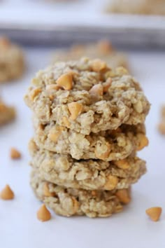 three oatmeal butterscotch cookies stacked on top of each other with text overlay