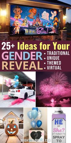 an advertisement for the gender reveal event with balloons, fireworks and other things to do