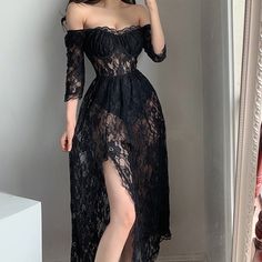 Slim Body Dress, Black Lace Dress Aesthetic, Slim Dress Outfit, See Thru Lace Dress, Black Dress Goth, Full Sleeve Long Dress, Cute Goth Outfits, Mode Harajuku, Black Slim Dress