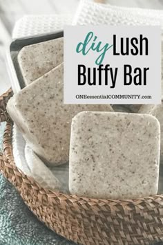 homemade diy lush buttery bar soap in a wicker basket with text overlay