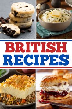 british food and desserts are featured in this collage with the words british recipes