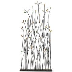 a metal sculpture with branches and leaves on it's sides, against a white background