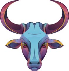 the head of a bull with horns is shown in purple, blue and orange colors