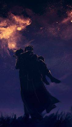 two people standing in the grass under a night sky with stars and clouds above them