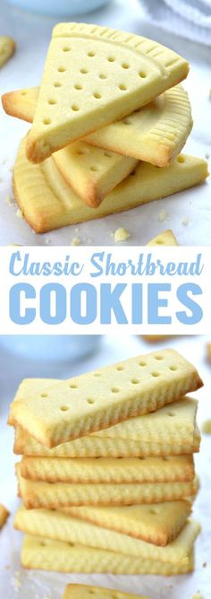 some crackers stacked on top of each other with the words classic shortbread cookies