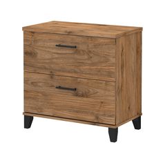 the two drawers are made from wood and have black handles on each drawer, which is also