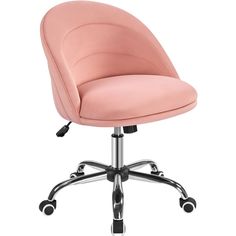 a pink office chair with wheels on an isolated white background