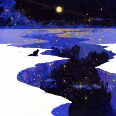 an image of the night sky with stars and trees reflected in water on ice floes