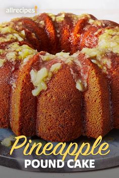 a pineapple pound cake on a plate with the words, allrecipes