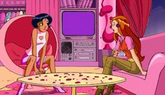 two cartoon characters sitting around a table in a room with pink walls and carpeted floors