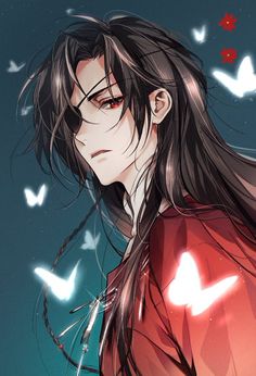 an anime character with long black hair and red shirt, standing in front of butterflies