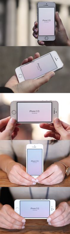 four different views of an electronic device in various stages of being held by someone's hands