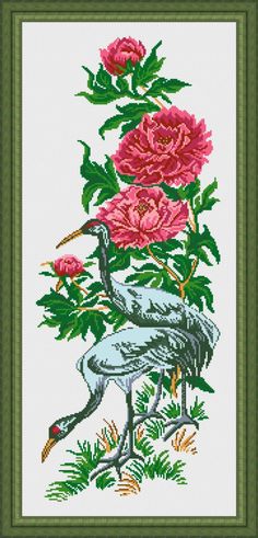 a cross stitch picture with pink flowers and a crane