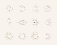 the sun, moon and stars are drawn in different ways on a white background illustration