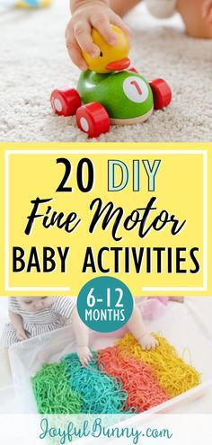 a baby playing with toys on the floor and text overlay reads 20 diy fine motor baby activities