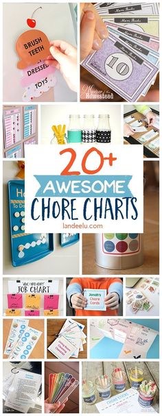 the words 20 awesome chore chart are shown in this collage with images of children's crafts