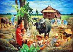 a man holding a child in front of a painting of people and animals on land