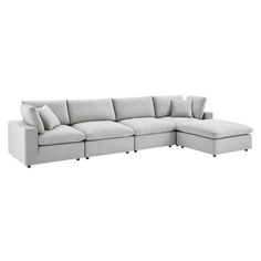 A haven for cozy relaxation, Commix features plush comfort, clean-lined design, and spacious profile, that makes an attractive statement in the modern home. Covered in stain-resistant performance velvet, this upholstered sectional sofa comes with a solid wood construction and foam padded and duck down cushions for a luxurious sink-in feel. Commix features overstuffed down feather cushions that offer a feeling of relaxation and calming comfort while lounging, making it the perfect addition to the living room, family room, or game room. Made for sprawling out or curling up, Commix beckons you and guests to sit and stay a while. Includes plastic foot glides. Weight Capacity Each Chair: 331 lbs. Set Includes: One - Commix Down Filled Overstuffed Ottoman Two - Commix Down Filled Overstuffed Arm Transitional Sectional Sofas, Light Gray Sofas, Velvet Sectional, Sectional With Ottoman, Grey Sectional, Modern Sofa Sectional, Sofa Online, Modular Sectional Sofa, Sofa Styling