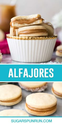 several different types of cookies on a table with the words alfajores above them