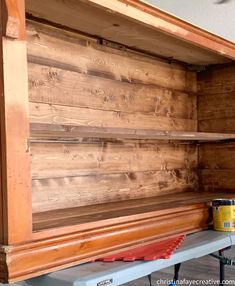 the shelves are made out of wood and ready to be painted with some paint on them