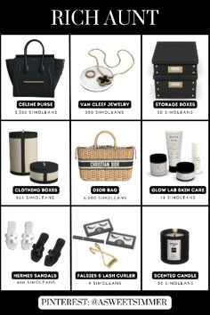 an advertisement with the names of different items in black and white, including a handbag