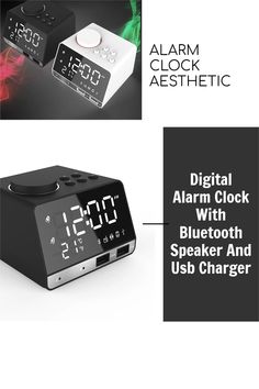 an alarm clock with bluetooth speaker and usb charger is shown in this advertisement