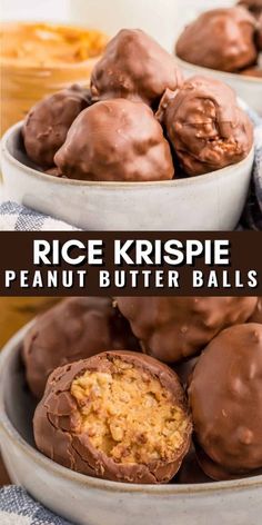 chocolate covered peanut butter balls in bowls with text overlay that reads rice krispie peanut butter balls