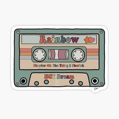 an old school cassette sticker with the words rainbow on it and a clock at the top