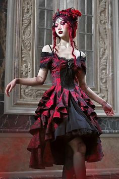 Rococo Vampire, Gothic Romance Outfit, Vampire Dresses, Vampire Goth Outfits, Vampire Queen Costume, Vocaloid Oc, Vamp Costume, Romantic Goth Outfits, Queen Of Hearts Dress