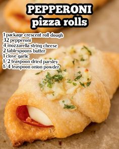 the recipe for pepperoni pizza rolls is shown in this poster, with instructions to make them