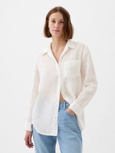 Linen Boyfriend Shirt White Linen Shirt Outfit, Linen Button Down Shirt Women, Boyfriend Shirt Outfits, Linen Shirt Outfit, White Summer Shirt, Gap Style, Kawaii Clothes Goth, White Linen Blouse, Number Shirt