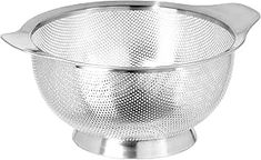 a stainless steel colander on a white background