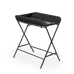 a black folding stool with white letters on it