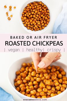 baked or air fryer roasted chickpeas in a white bowl with text overlay