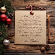 an old letter is on top of a wooden table next to christmas ornaments and candles