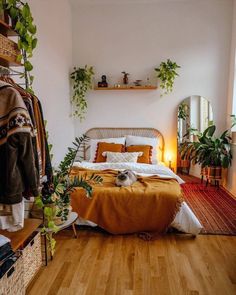 a bed sitting in a bedroom next to a window with plants on the top of it