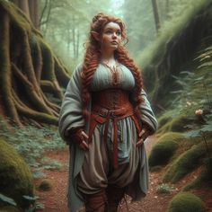 a woman with long red hair standing on a path surrounded by trees and mossy ground