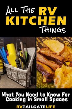 the cover of all the rv kitchen things, with pictures of cooking utensils in small spaces