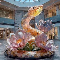 a statue of a snake and flowers in a building