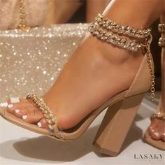 Lasaky - Stylish and Breathable High Heel Sandals with Peep Toe, Ankle Chain, and Solid Color Design Ankle Strap Chunky Heels, Ankle Strap High Heels, Rhinestone Sandals, Wedding Heels, Fashion Sandals, Womens High Heels, Ankle Strap Sandals, High Heel Sandals