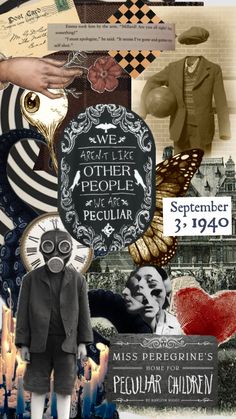 a collage with many different pictures and words on the page, including an image of a man in a gas mask