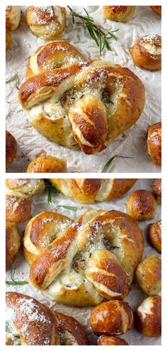 several different views of baked breads with cheese and herbs