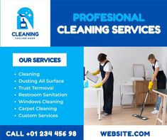 professional cleaning services flyer with two people in the process of doing their jobs and cleaning