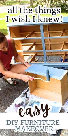 a woman is working on some furniture with the words easy diy furniture makeover