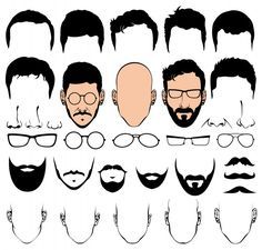 a group of men's hairs and beards with different glasses on each side