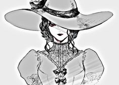 a drawing of a woman wearing a large hat with her hands on her hips and looking at the camera